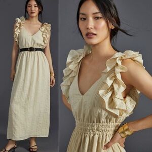 Anthropologie Mare Mare Flutter Sleeve Maxi Dress V-neck Neutral Size Small